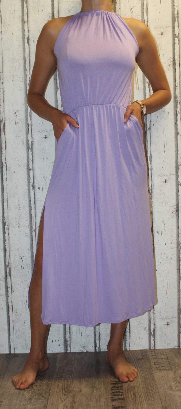 Dámské dlouhé letní šaty, plážové šaty, pohodlné šaty, dlouhé dámské šaty s rozparky, fialové dlouhé šaty Italy Moda