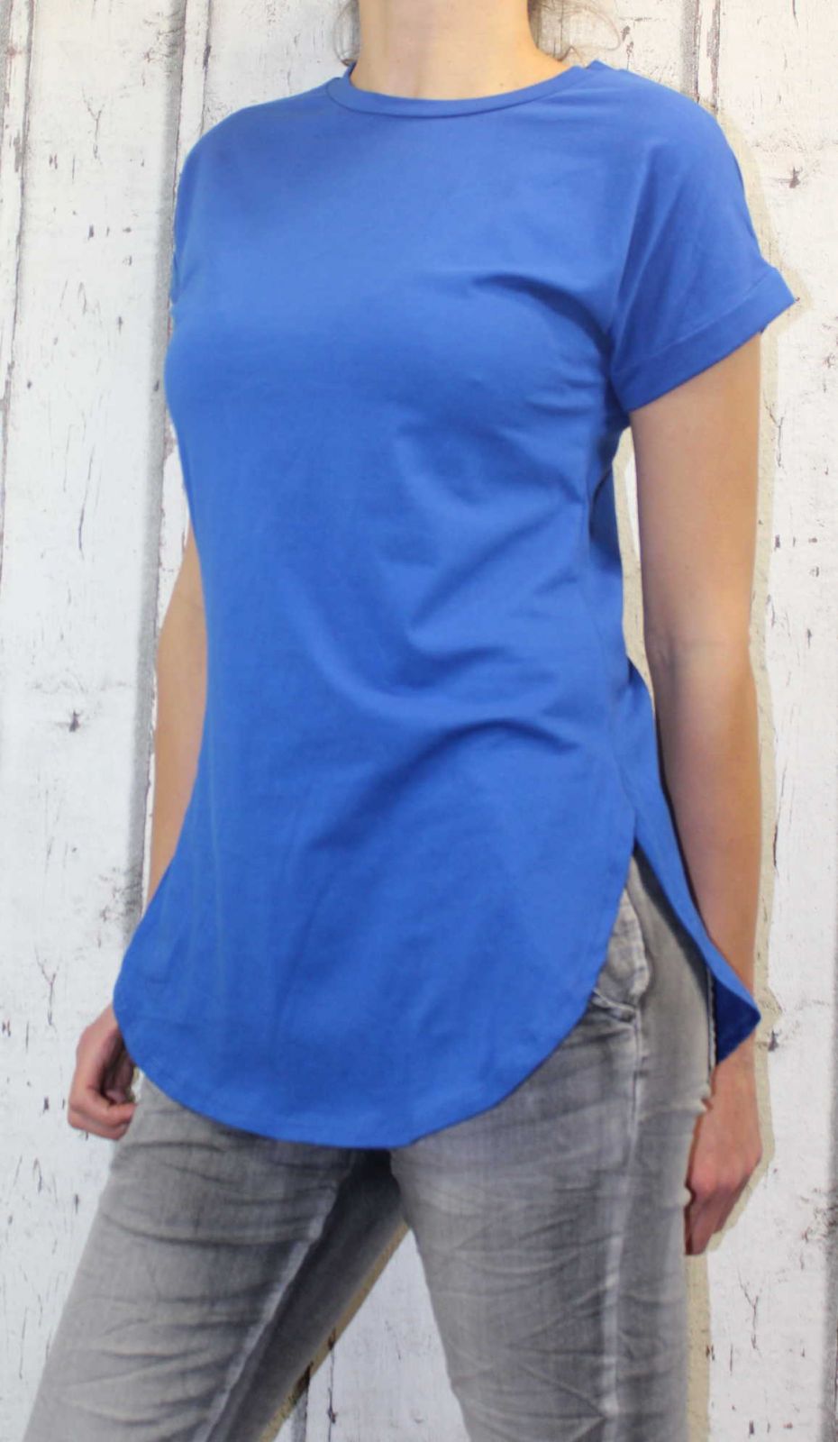 Dámské bavlněné tričko krátký rukáv, dámské dlouhé tričko tričko s rozparky, dlouhé modré tričko, dlouhá tunika Italy Moda