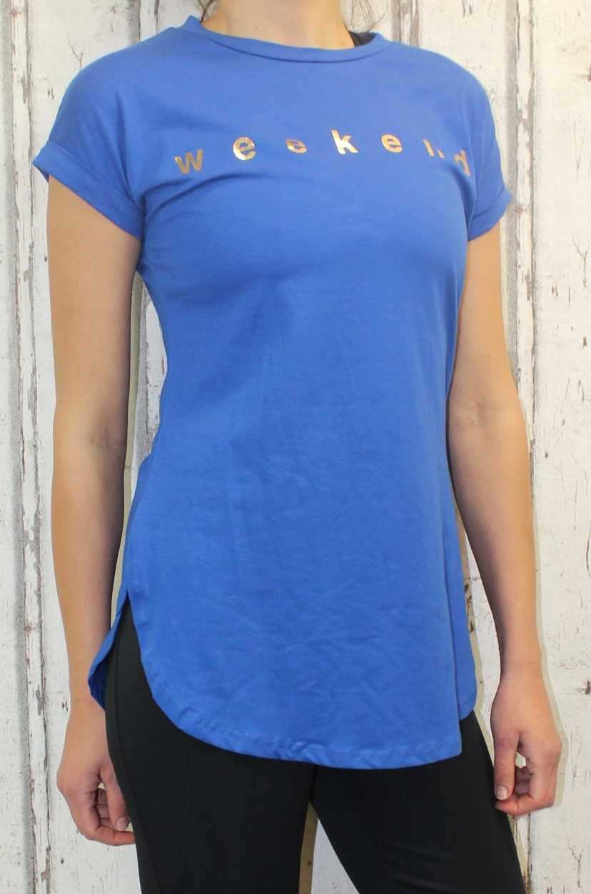 Dámské bavlněné tričko krátký rukáv dámské dlouhé tričko tričko s rozparky, modré dlouhé tričko Italy Moda