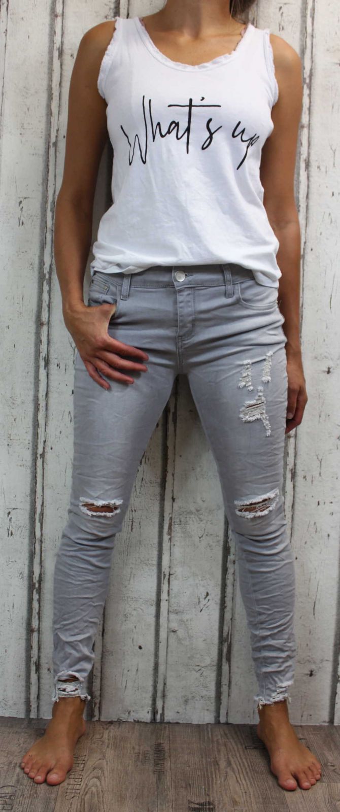 dámské elastické džíny, džíny slimky, dívčí slimky, dívčí elastické džíny, krátké džíny, šedé džíny, džíny skiny, trhané šedé džíny, krátké džíny Italy Moda