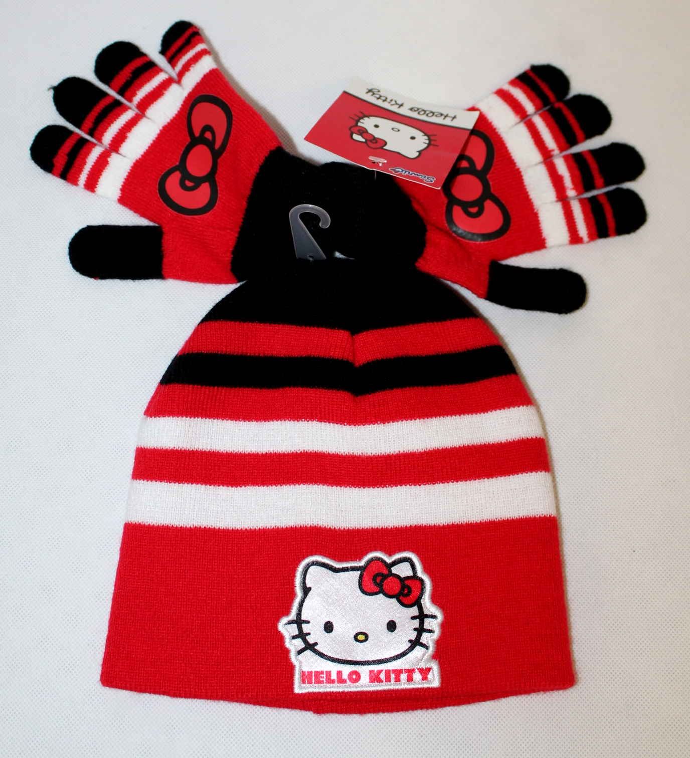 Dětský set Hello Kitty čepice a rukavice, dívčí čepice Hello Kitty, rukavice Hello Kitty, červená čepice Hello Kitty Sanrio
