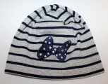 dětská čepice, dívčí bavlněná čepice, pruhovaná dívčí čepice, čepice s mašlí, šedo-modrá pruhovaná čepice