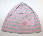 dětská čepice, dívčí bavlněná čepice, pruhovaná dívčí čepice, čepice s mašlí, šedo-růžová pruhovaná čepice