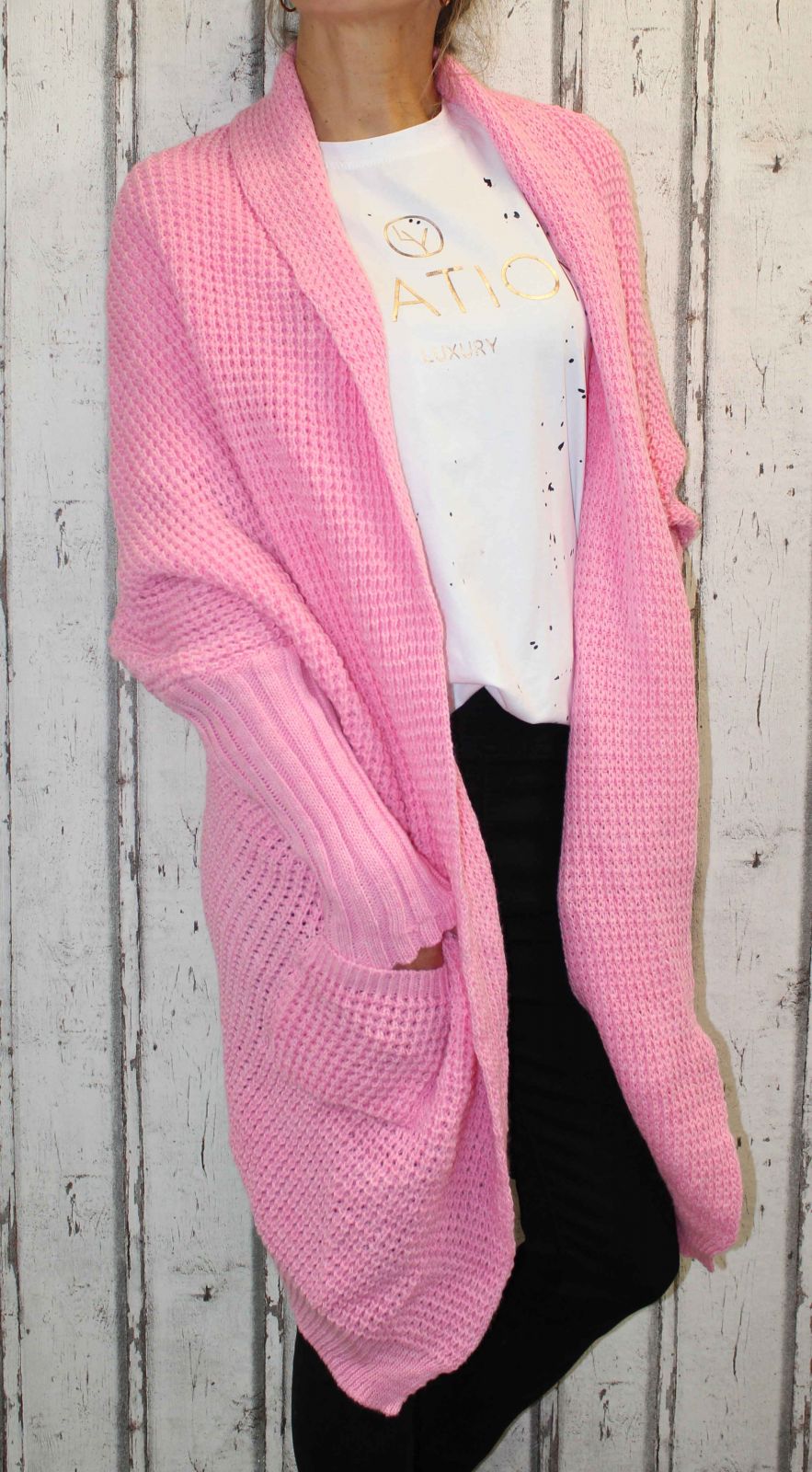 Dámský dlouhý pletený kardigan, dámský dlouhý svetr, dlouhý růžový kardigan, dlouhý růžový svetr, pletený kardigan Italy Moda